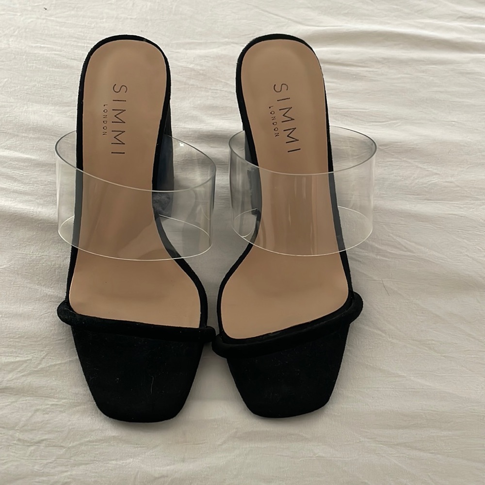Black block heels with clear strap